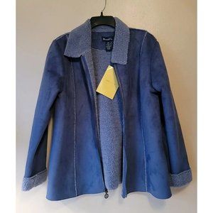 Denim & Co Faux Suede Sherpa Lined Light Blue Jacket Front Zipper Pockets Sz Lrg